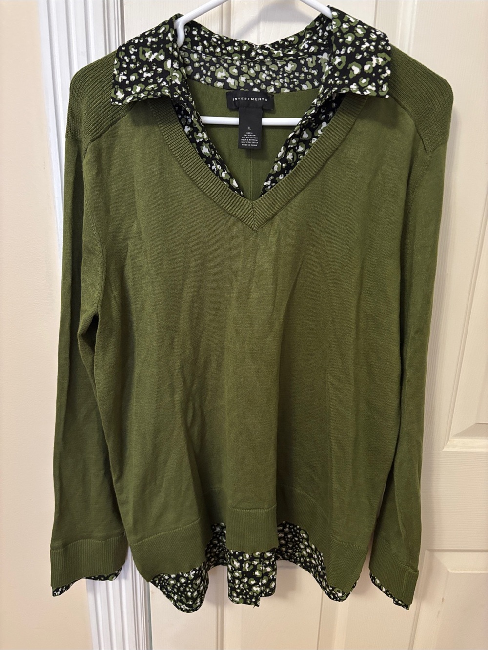 Investments Olive V-Neck Sweater with Floral Trim Detail